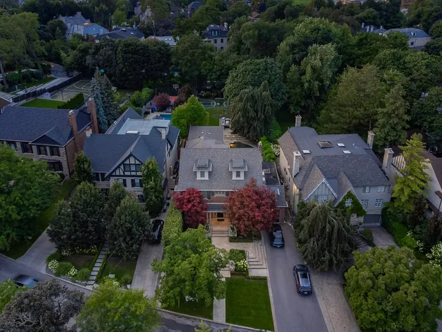 Aerial view of a leafy residential street