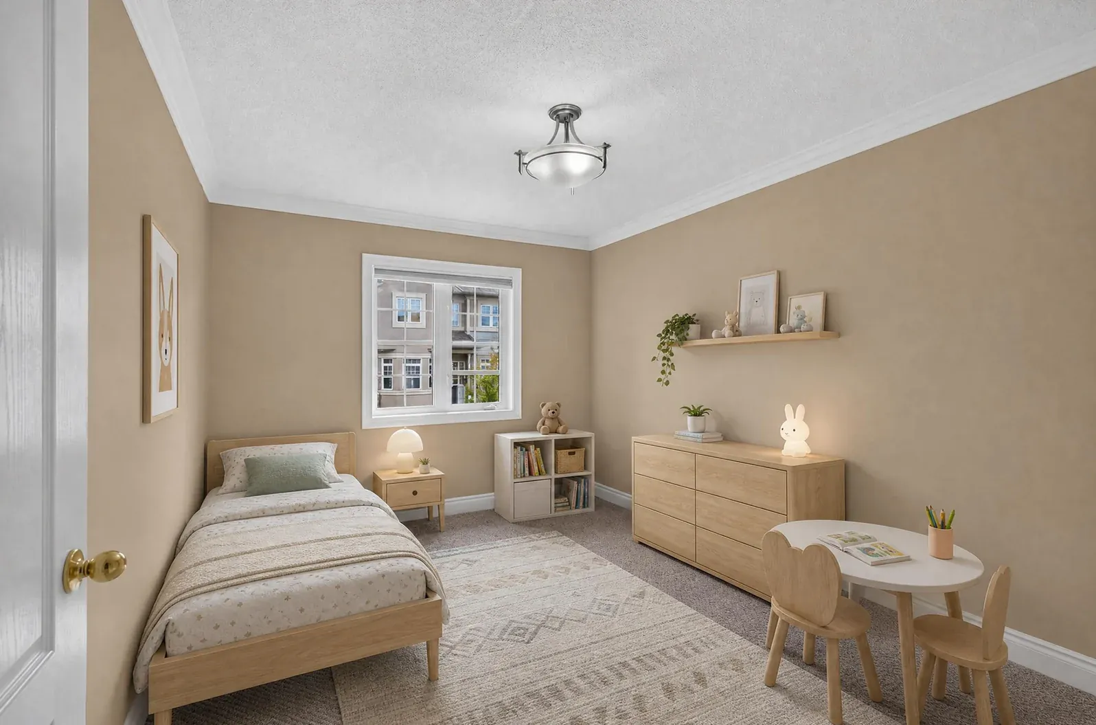 The same kids' room virtually staged with a bed, dresser, rug and a small table and chairs